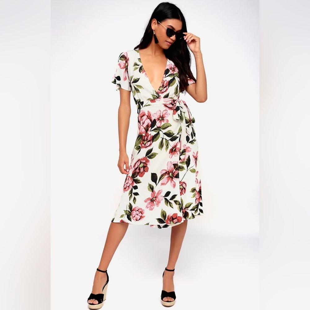 Lulus Maretta Cream Floral Print Wrap Midi Dress